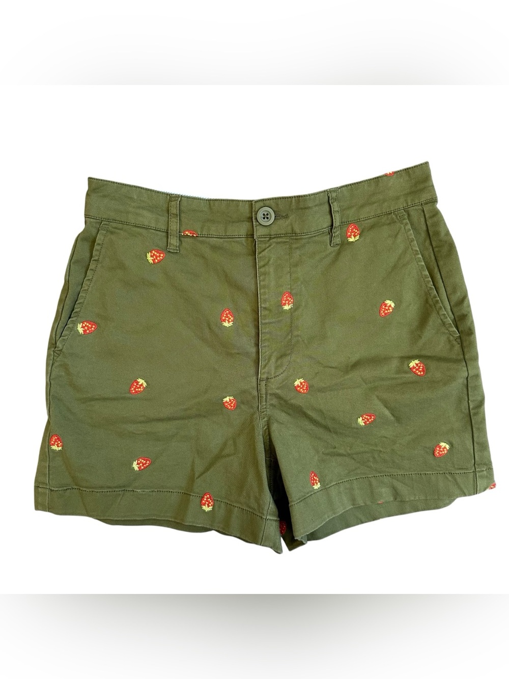 Boden Olive Green Chino Fruit Strawberry Print Embroidered Shorts Size US 4